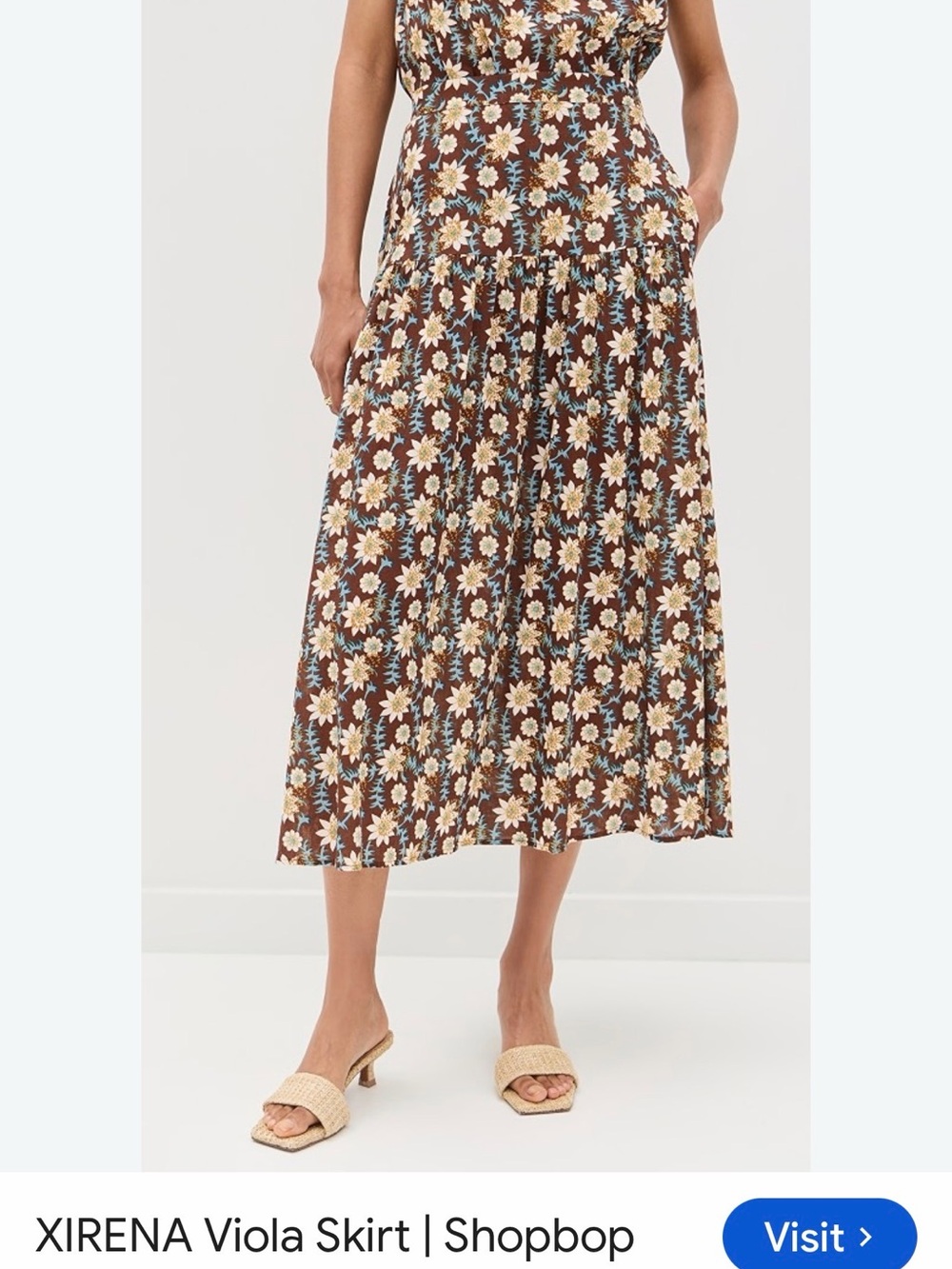 XiRENA Brown Floral Midi Skirt with Cream and Blue Blossoms